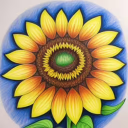 a sunflower on a white sheet of paper,a sunflower is shown in this painting with colored pencils