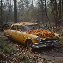 an old rusty car loaded with wood chips