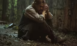 a man sitting in the forest with his hands to his face