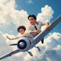 two people in a small plane flying through the clouds