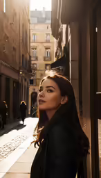 a woman stands in the shadow in an alleyway with a street lined with buildings