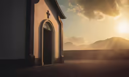 a small church sitting in the middle of a desert