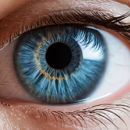 an eye has a blue and yellow iris