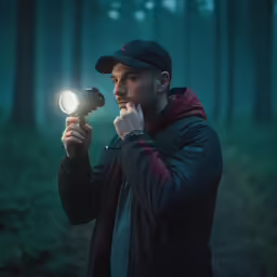 man in hooded coat looking at bright light from flashlight