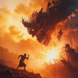 a large demon attacking a bunch of zombies