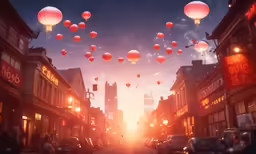 many red balloons are being flown above the street
