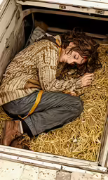 a man laying in a truck bed filled with hay