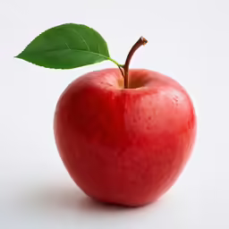 a small red apple with green leaves