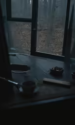 a table that has been set up for dinner in a dark forest