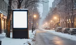 a snowy street with snow on the ground and cars driving down it