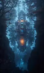 a futuristic car is parked in the woods