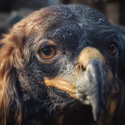 close up of a brown and black face looking to the side