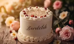 a white cake with writing and flowers