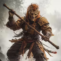 a man dressed in costume is holding two axes