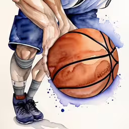 the boy is playing with his basketball ball,the basketball player is holding his foot with both hands and holding a ball,this watercolor drawing of a young man holding a basketball,an illustration of a basketball player with his foot on a basketball,a drawing of a basketball player with the ball