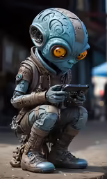 a robot sitting on the ground and holding a rifle