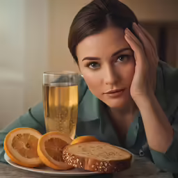 a woman sits at a table with orange slices and a glass of beverage