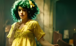 a beautiful young lady in green and yellow wig standing in a room
