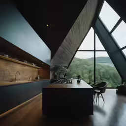 a kitchen with wooden floors and black cabinets