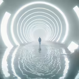 a man walking inside of a large tunnel with light in it