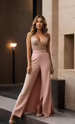 woman in pink gown posing on steps in front of a wall