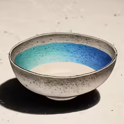 blue and white speckled bowl on a white countertop