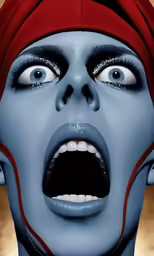 a person with blue and red makeup is yelling into their ears