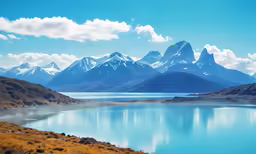 a mountain range is shown over a lake with blue waters