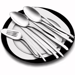 a black and white plate topped with silverware