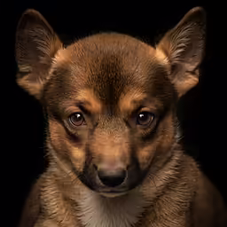 a puppy looks into the camera with big eyes