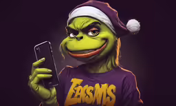 a person dressed as the grin is holding a cell phone