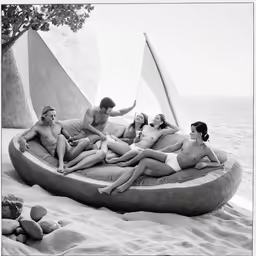 some people in bathing suits on a large pillow