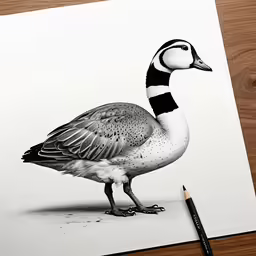 a drawing of a duck with black and white feathers
