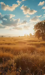 the setting sun illuminates a field with high grasses