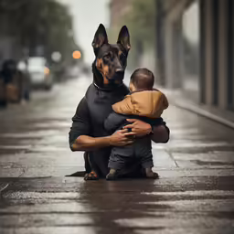 a person holding a baby next to a dog
