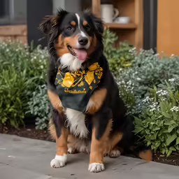 there is a dog that has a bandana on
