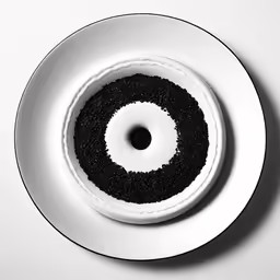 a white plate holding black food on it