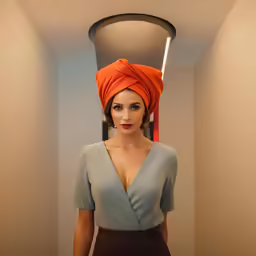 a female in a light and brown dress and hat with hair on a stick