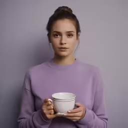 a girl holds a coffee cup and looks at the camera