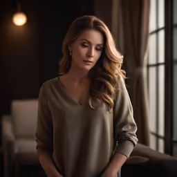a woman in a brown shirt and black pants