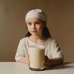 a girl in a white shirt and a towel holding a glass