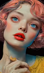 woman with light blue eyes and a pink wig and red lips