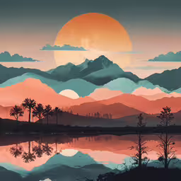 painting of mountains and water at sunset with bright sun,a beautiful sunset with mountains and trees, and a mountain reflection