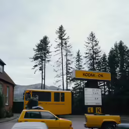 a couple of cars in front of some trees