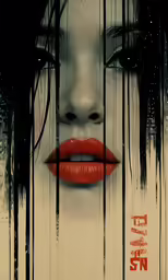a woman with red lipstick has her face painted black and is surrounded by strips of tape
