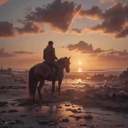 the man is riding his horse through the water at sunset