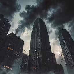 the dark city is filled with clouds as the sun goes down