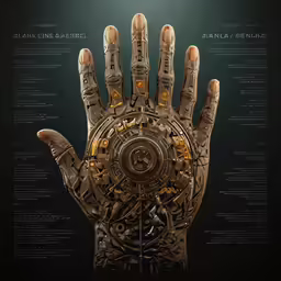 an intricately detailed hand is shown with several wheels and numbers