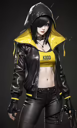 woman in short black leather pants and a hoodie jacket holding a gun