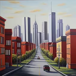 the view of a road with a building behind it and cars driving down the street,a painting of a city with street lights and skyscrapers,a painting of a view of a city from across the street,a large painting of city with tall buildings,the road is very long down the middle of the city
